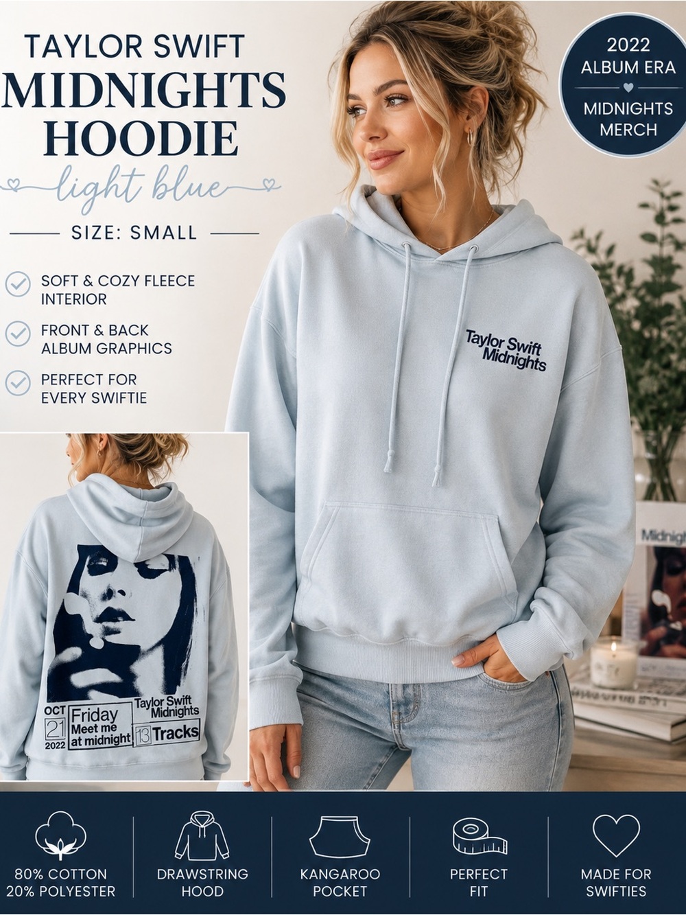 Taylor Swift Midnights Hoodie Small Light Blue 2022 Album Graphic Pullover